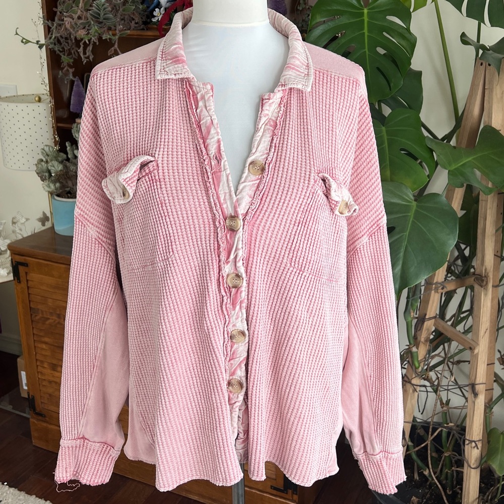 Free People Waffle Scout Arizona Pink Button-Up Shacket Jacket Top XS - Picture 8 of 11